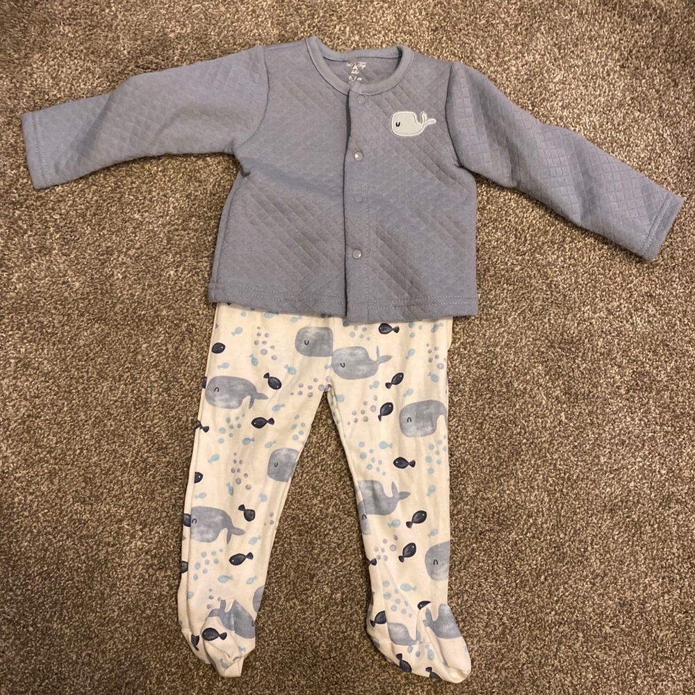 Le Top Bebe Whale Long Sleeve Quilted Top Pants Set 6-9 Month Baby Clothes Blue